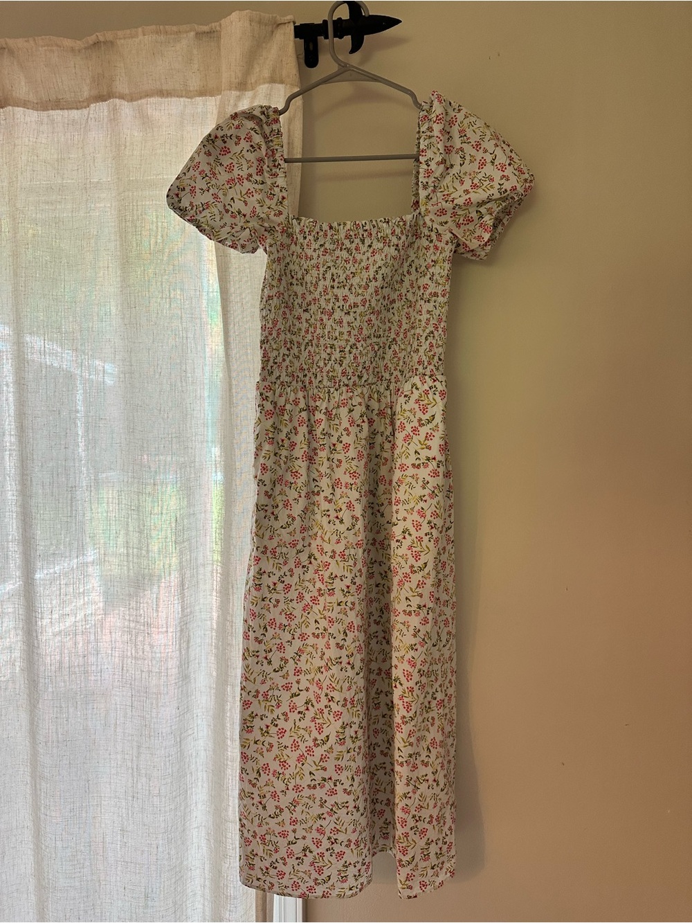 J. Crew White Midi Dress with Pink & Green Floral Print